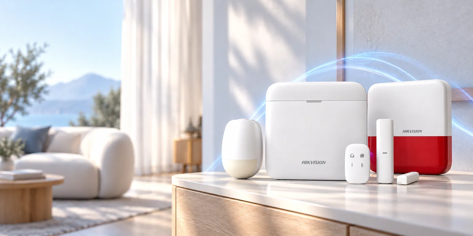 Hikvision AX PRO alarm seti ve kırmızı sirenin aydınlık bir ev ortamında birlikte gösterildiği kampanya görselleştirmesi