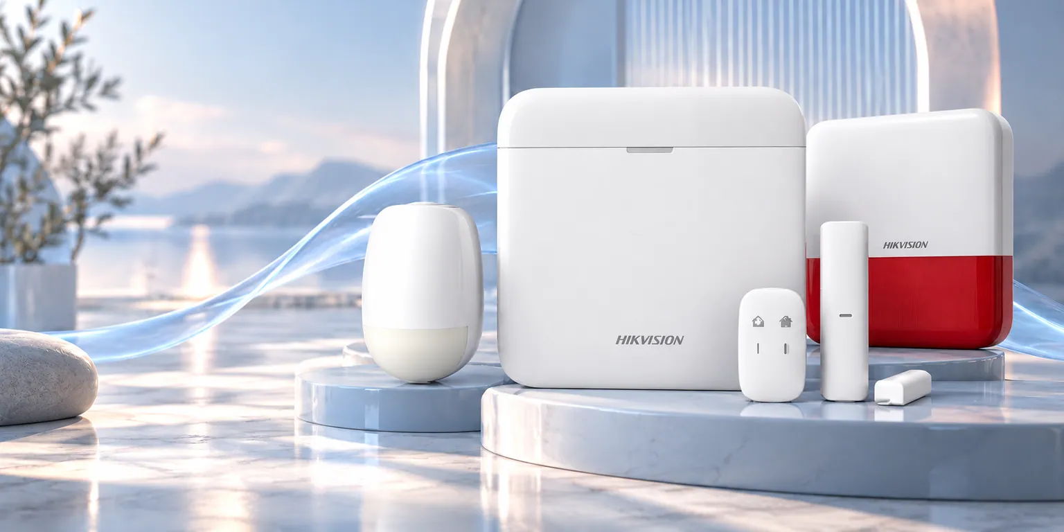 Hikvision AX PRO panel, dedektör, kontak, kumanda ve kırmızı sireni bir arada gösteren kampanya görselleştirmesi
